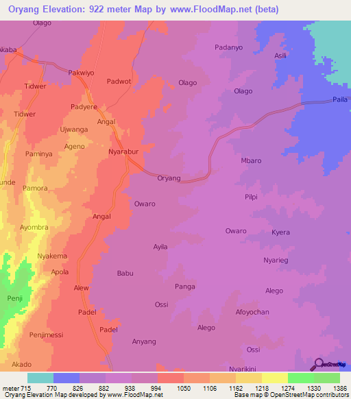 Oryang,Uganda Elevation Map