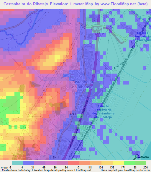 Castanheira do Ribatejo,Portugal Elevation Map