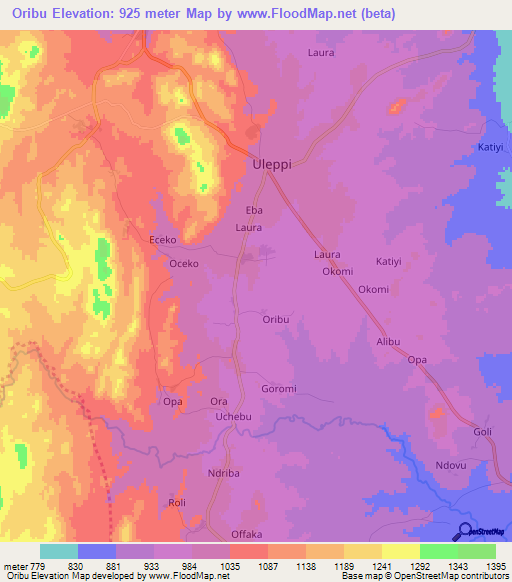 Oribu,Uganda Elevation Map