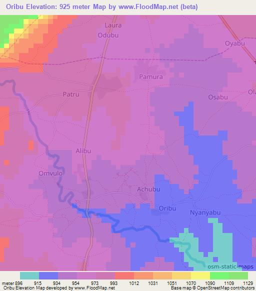 Oribu,Uganda Elevation Map