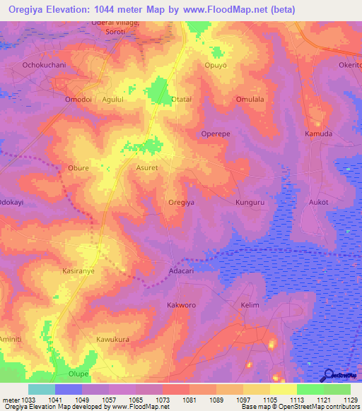 Oregiya,Uganda Elevation Map