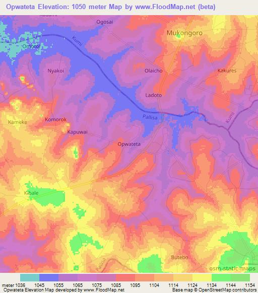 Opwateta,Uganda Elevation Map