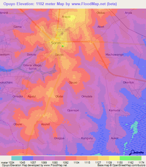 Opuyo,Uganda Elevation Map