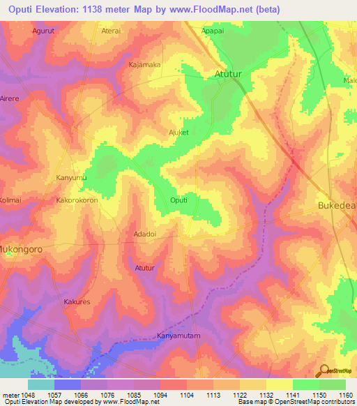 Oputi,Uganda Elevation Map