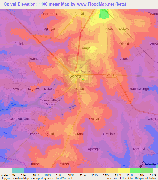 Opiyai,Uganda Elevation Map