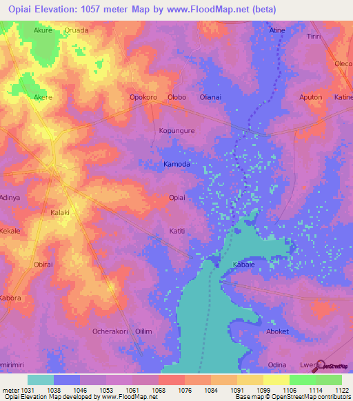 Opiai,Uganda Elevation Map