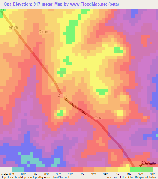 Opa,Uganda Elevation Map