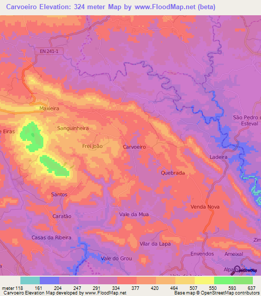 Carvoeiro,Portugal Elevation Map