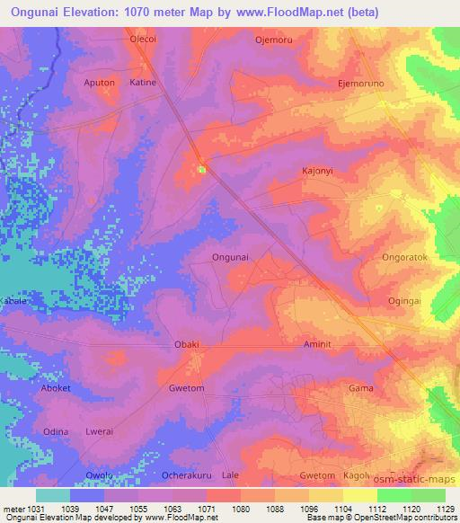 Ongunai,Uganda Elevation Map
