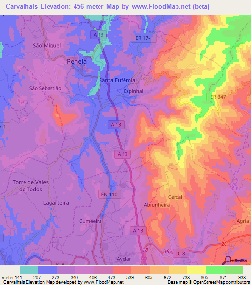 Carvalhais,Portugal Elevation Map