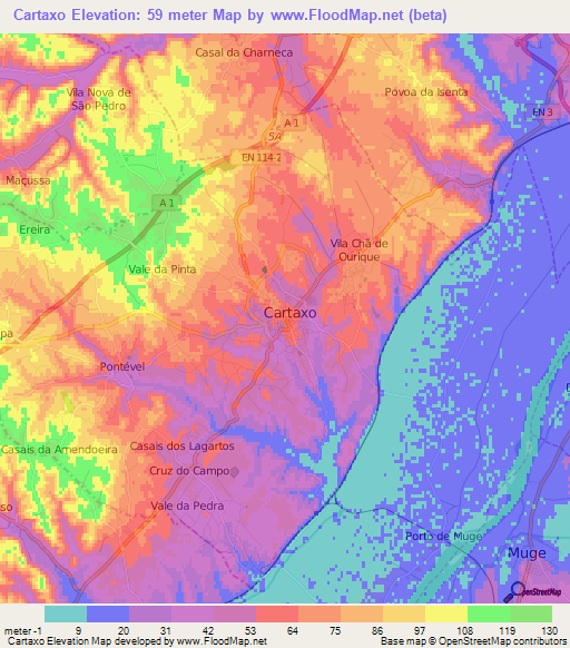 Cartaxo,Portugal Elevation Map