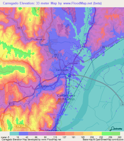Carregado,Portugal Elevation Map