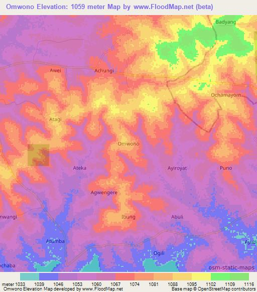 Omwono,Uganda Elevation Map