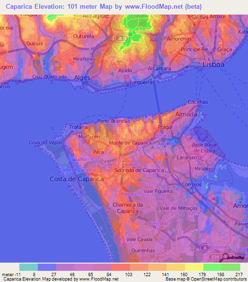 Caparica,Portugal Elevation Map