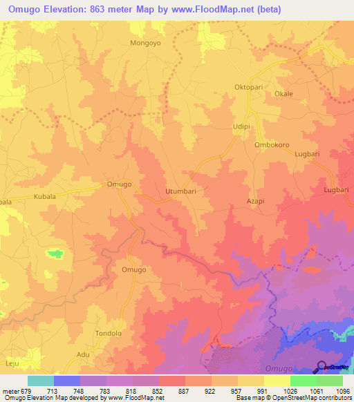 Omugo,Uganda Elevation Map