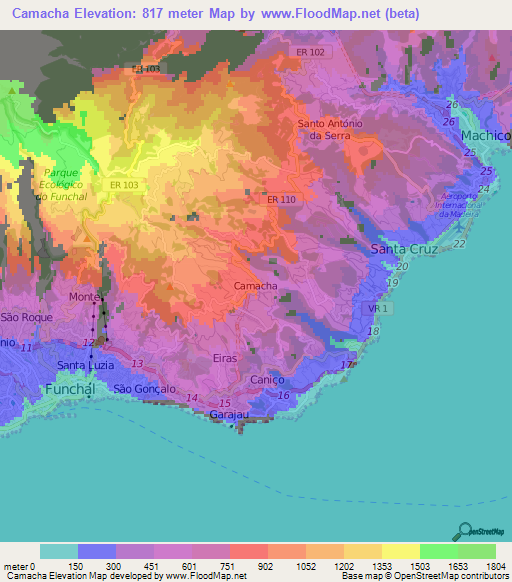 Camacha,Portugal Elevation Map