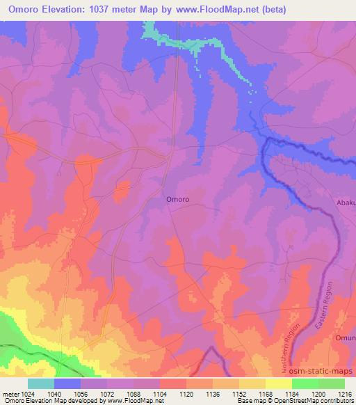 Omoro,Uganda Elevation Map
