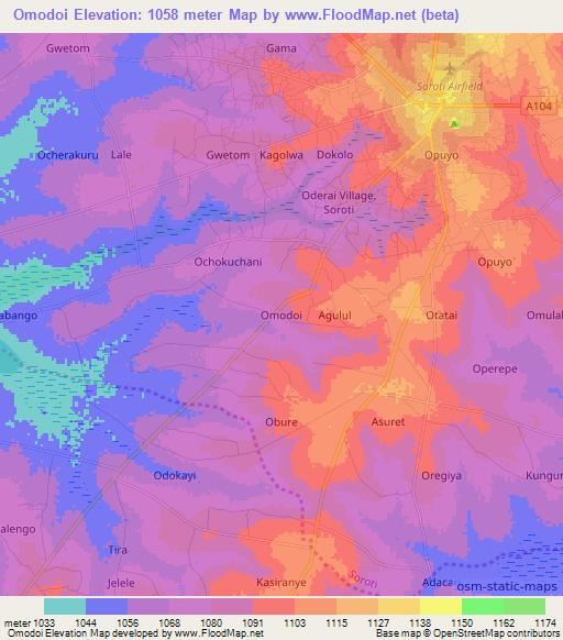 Omodoi,Uganda Elevation Map