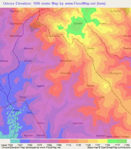Omoce,Uganda Elevation Map