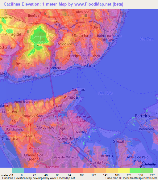 Cacilhas,Portugal Elevation Map