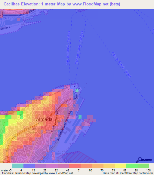 Cacilhas,Portugal Elevation Map