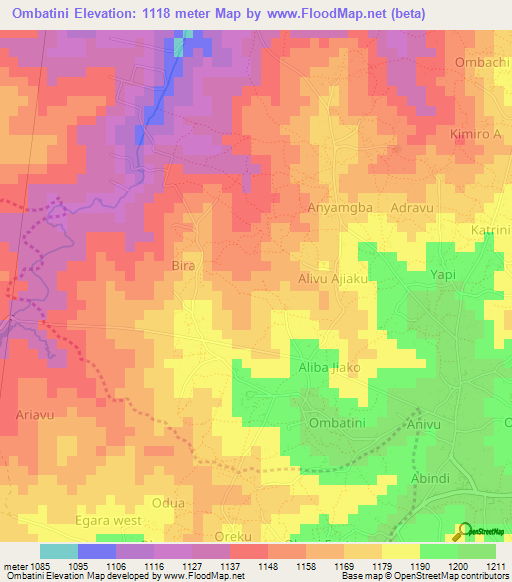 Ombatini,Uganda Elevation Map