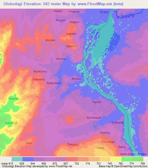 Olobodagi,Uganda Elevation Map