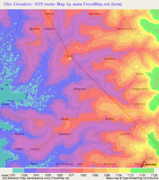 Olio,Uganda Elevation Map