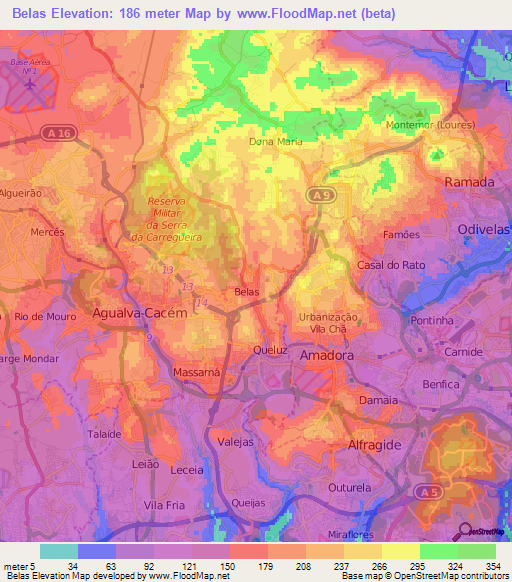 Belas,Portugal Elevation Map