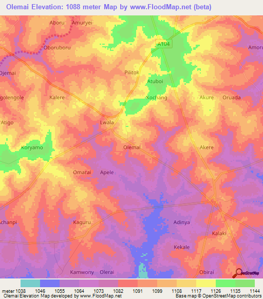 Olemai,Uganda Elevation Map