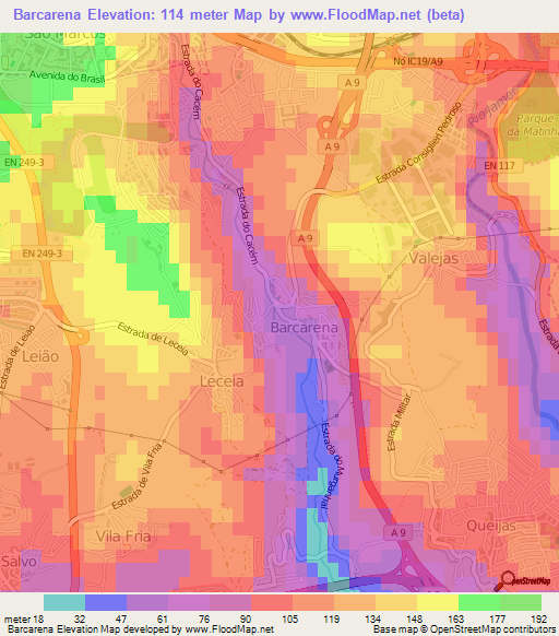 Barcarena,Portugal Elevation Map