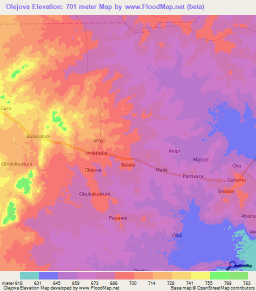 Olejova,Uganda Elevation Map