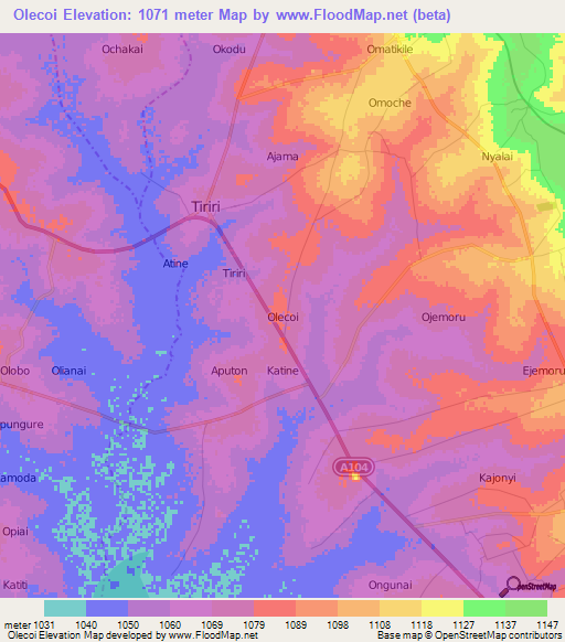 Olecoi,Uganda Elevation Map