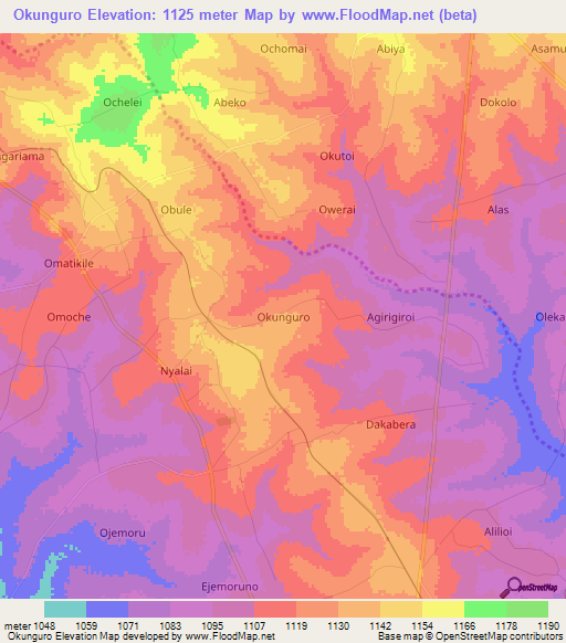 Okunguro,Uganda Elevation Map