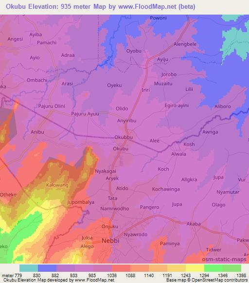 Okubu,Uganda Elevation Map