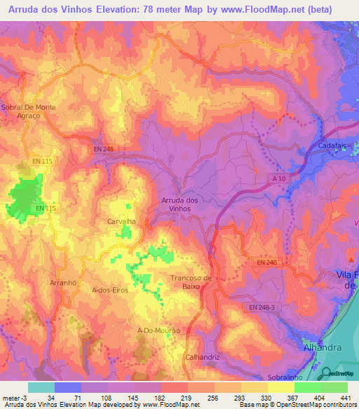 Arruda dos Vinhos,Portugal Elevation Map