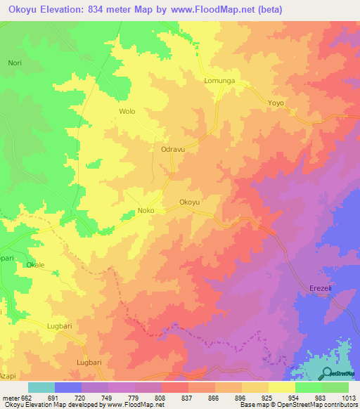 Okoyu,Uganda Elevation Map