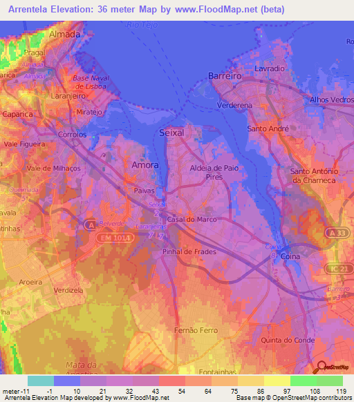 Arrentela,Portugal Elevation Map