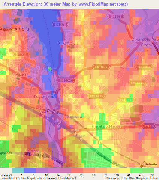 Arrentela,Portugal Elevation Map