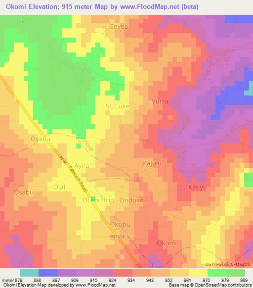 Okomi,Uganda Elevation Map