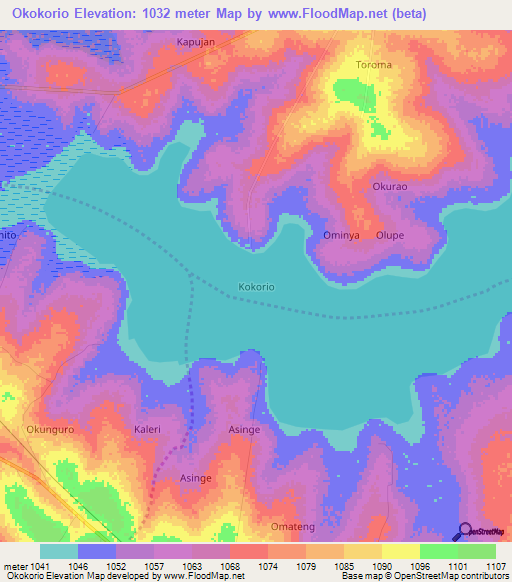 Okokorio,Uganda Elevation Map