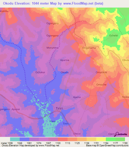 Okodu,Uganda Elevation Map