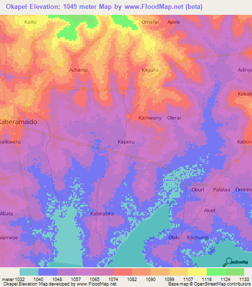 Okapel,Uganda Elevation Map