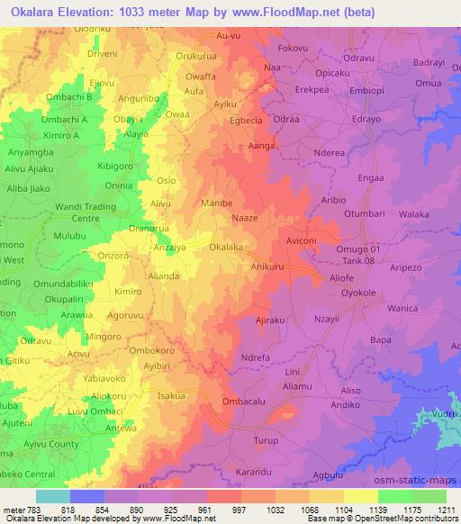 Okalara,Uganda Elevation Map