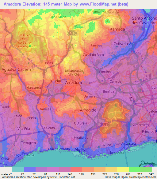 Amadora,Portugal Elevation Map