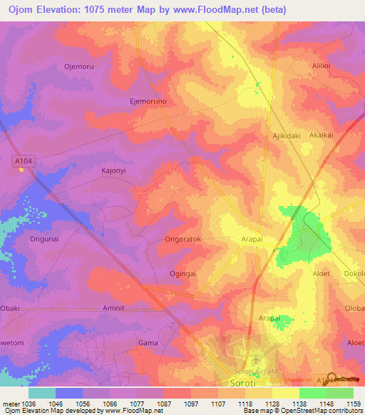 Ojom,Uganda Elevation Map
