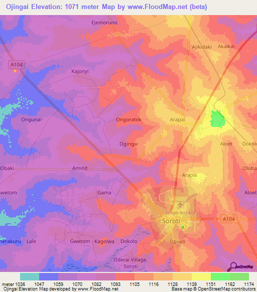 Ojingai,Uganda Elevation Map
