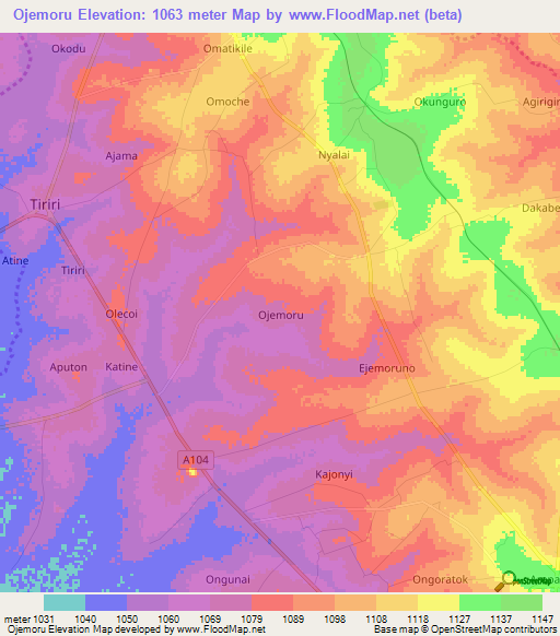Ojemoru,Uganda Elevation Map