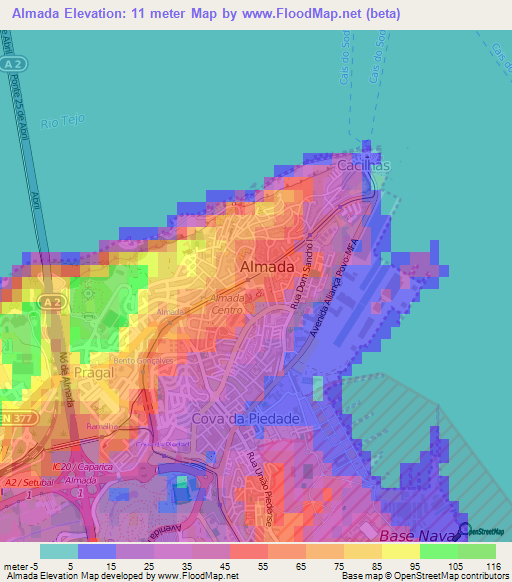 Almada,Portugal Elevation Map