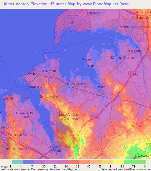 Alhos Vedros,Portugal Elevation Map